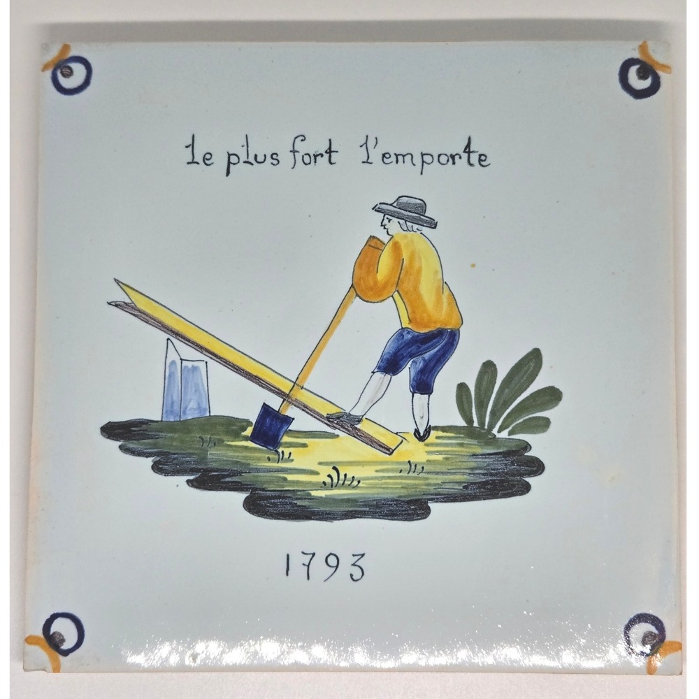 Vintage Geo Martel Tile "Le Plus Fort L'Emporte" 1793, Made in Desvres, France